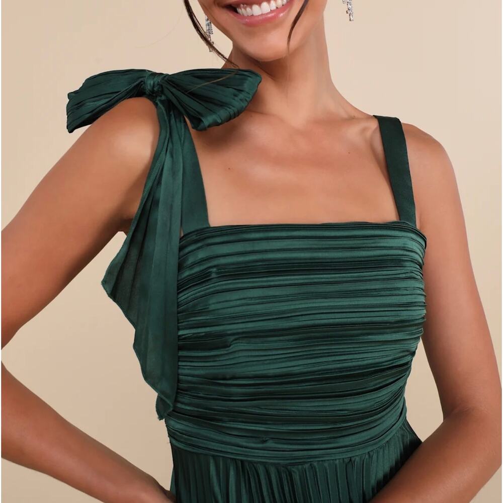 Lulus Emerald Green Satin Pleated Sleeveless Bow Maxi Dress Prom Glam NWT sz XS - Picture 4 of 7